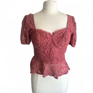 Elegant Lace Peplum Top in Pink — Large